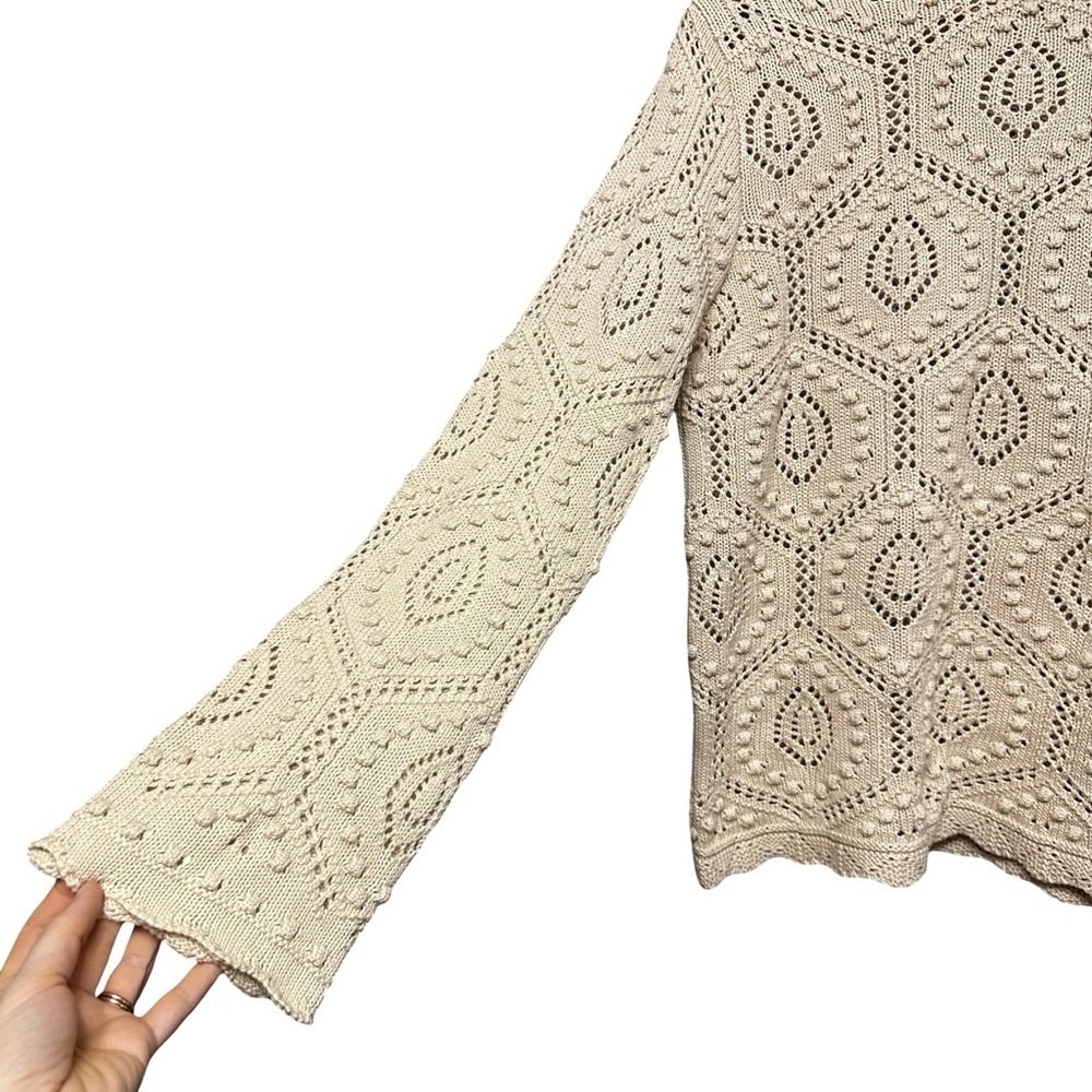 North Style Cream Textured Boho Knit Sweater Medium Long Sleeve Crochet Pullover - Picture 3 of 8